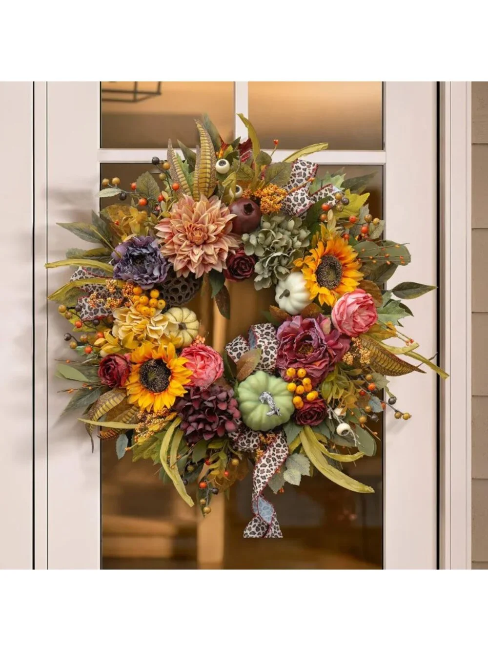 24-Inch Autumn Front Door Wreath with Pumpkins & Sunflowers - Fall Decor